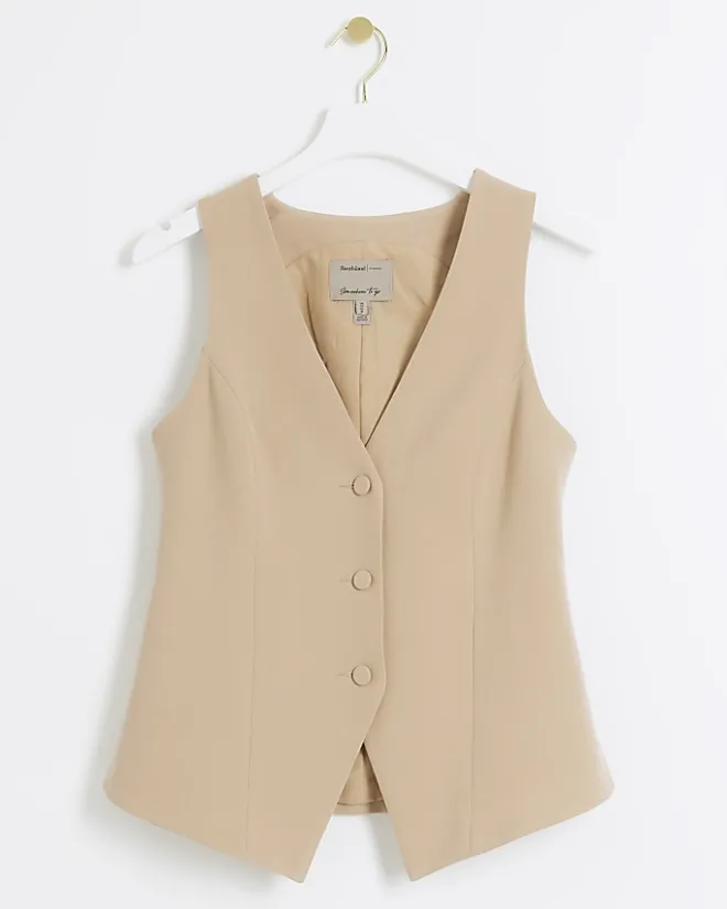 River Island Beige button up long waistcoat Cream Discount