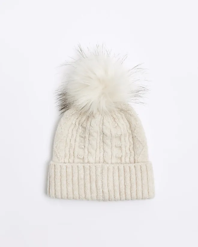 River Island Beige cable knit beanie hat Cream Online