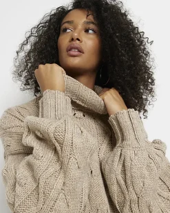 River Island Beige cable knit mini jumper shirt dress Cream Online