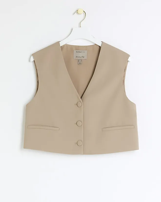 River Island Beige Cropped Waistcoat Cream Best