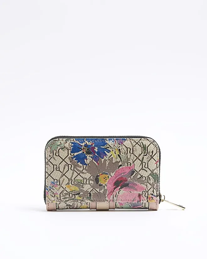 River Island Beige floral monogram purse Cream Clearance