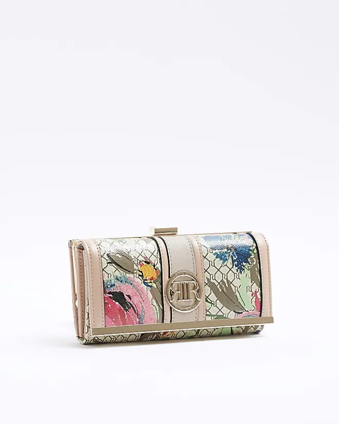 River Island Beige floral RI monogram purse Cream Clearance