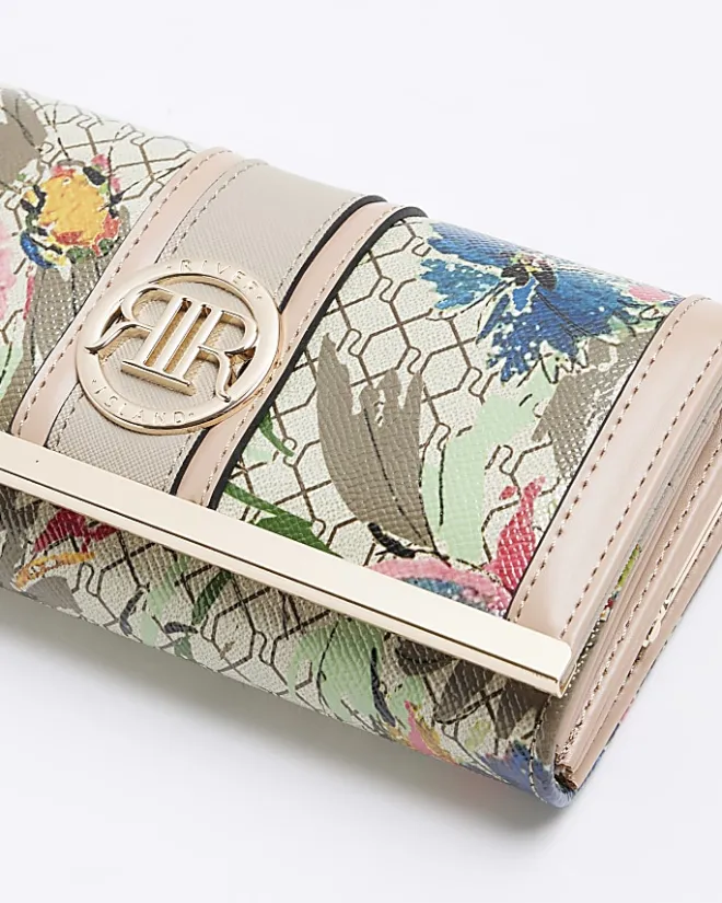 River Island Beige floral RI monogram purse Cream Clearance
