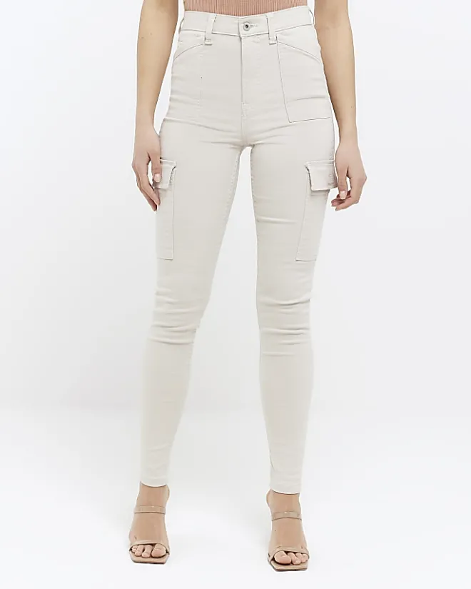 River Island Beige high waisted skinny cargo jeans Cream Online