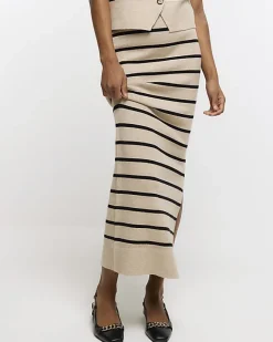 River Island Beige knit stripe maxi skirt Cream Clearance