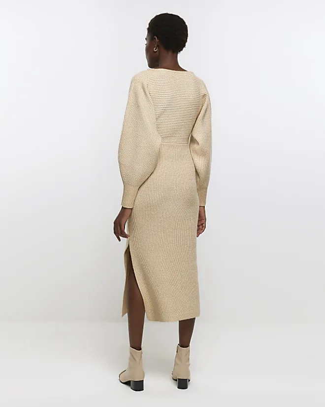 River Island Beige knit wrap jumper midi dress Cream Hot