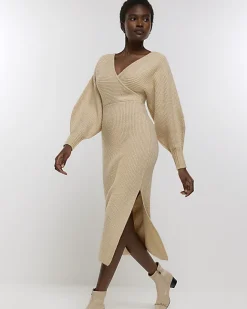River Island Beige knit wrap jumper midi dress Cream Hot