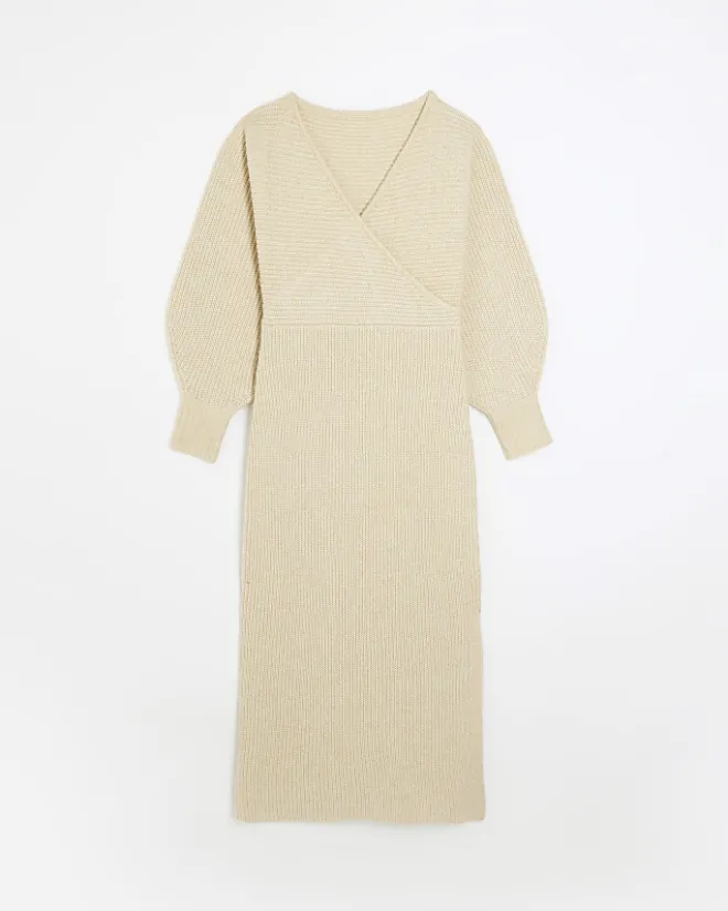 River Island Beige knit wrap jumper midi dress Cream Hot
