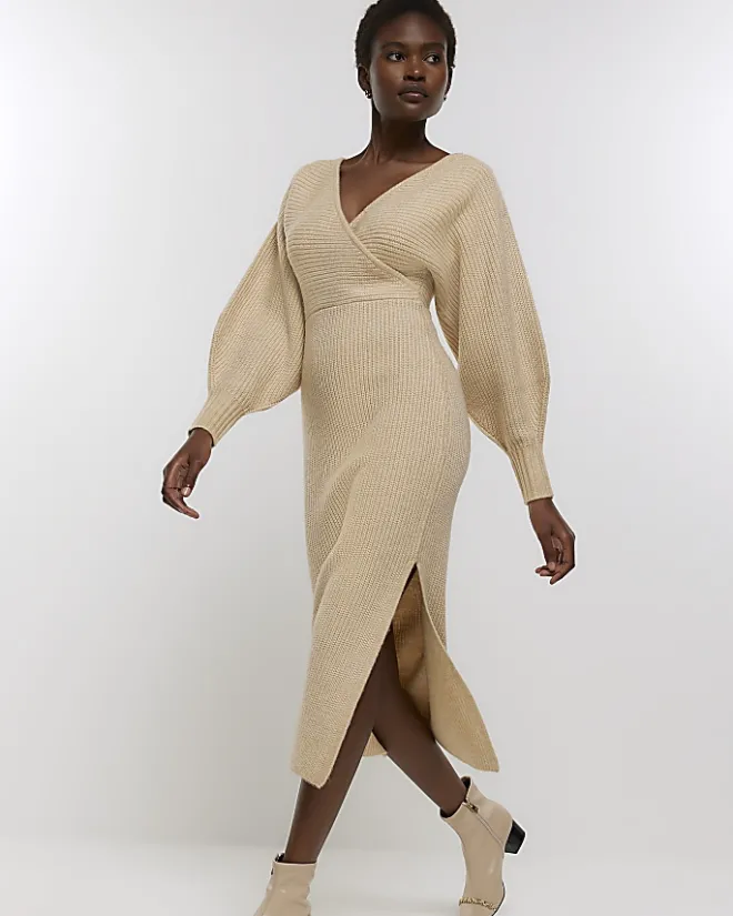River Island Beige knit wrap jumper midi dress Cream Hot