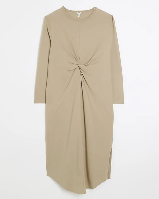 River Island Beige knot long sleeve t-shirt midi dress Cream New
