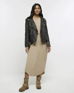 River Island Beige knot long sleeve t-shirt midi dress Cream New