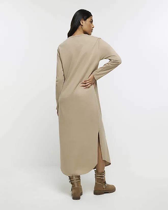 River Island Beige knot long sleeve t-shirt midi dress Cream New