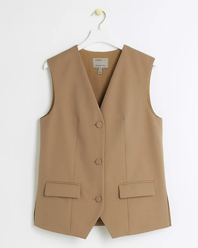 River Island Beige longline button up waistcoat Cream Sale