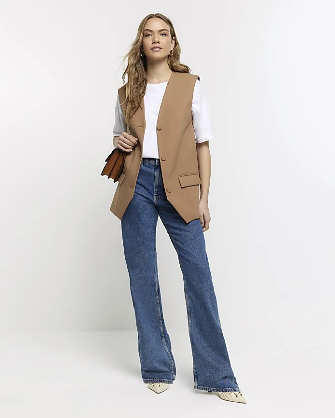 River Island Beige longline button up waistcoat Cream Sale