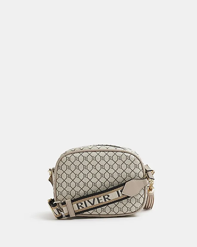 River Island Beige RI monogram print cross body bag Cream Hot