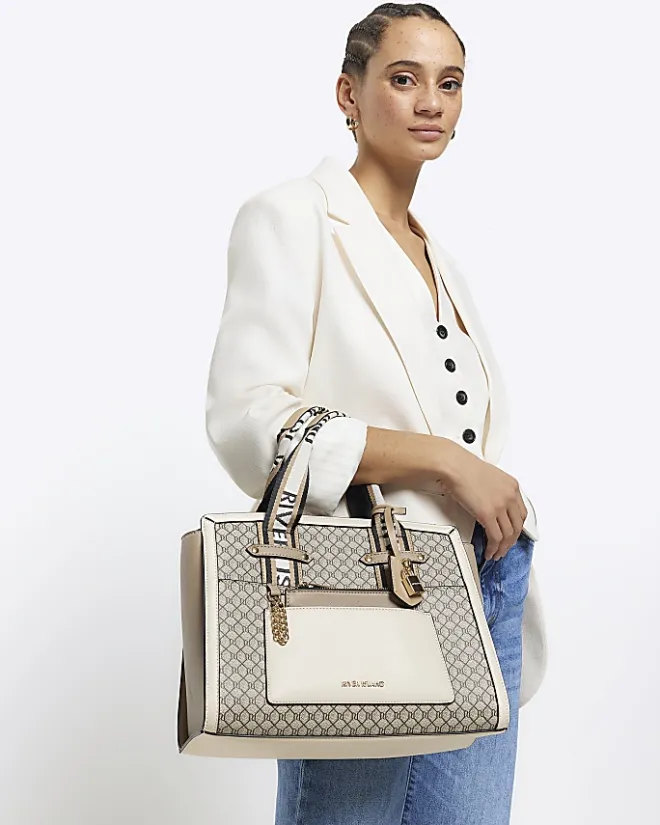 River Island Beige RI monogram tote bag Cream Hot