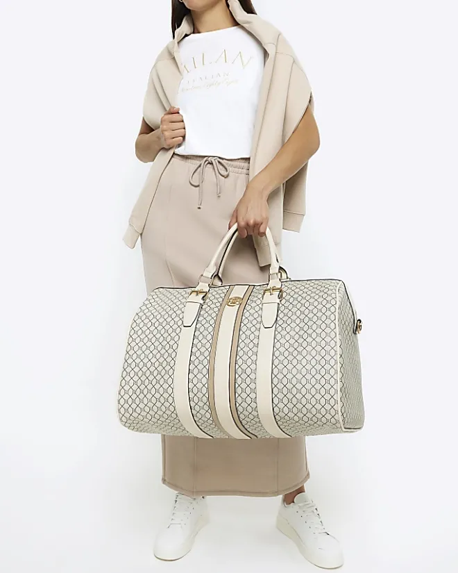 River Island Beige RI monogram travel bag Cream Fashion