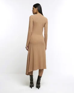 River Island Beige rib asymmetric bodycon midi dress Cream New