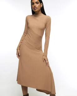 River Island Beige rib asymmetric bodycon midi dress Cream New