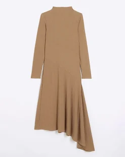 River Island Beige rib asymmetric bodycon midi dress Cream New
