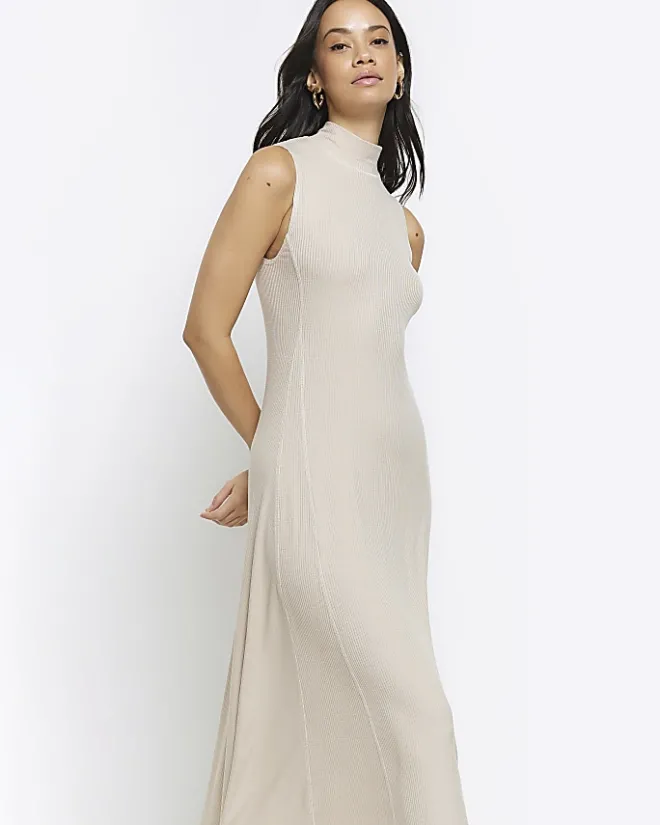 River Island Beige rib sleeveless midi dress Cream Clearance