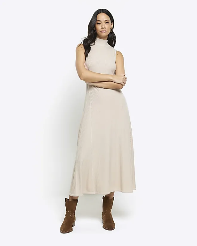 River Island Beige rib sleeveless midi dress Cream Clearance