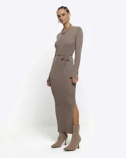 River Island Beige rib tie waist jumper maxi dress Cream Hot