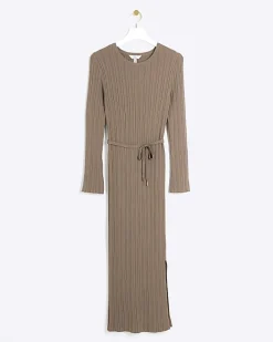 River Island Beige rib tie waist jumper maxi dress Cream Hot