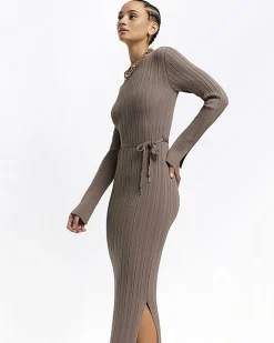 River Island Beige rib tie waist jumper maxi dress Cream Hot