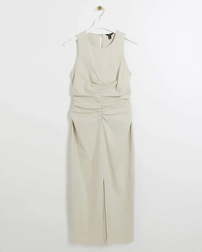 River Island Beige ruched split bodycon midi dress Cream Fashion