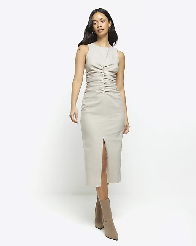 River Island Beige ruched split bodycon midi dress Cream Fashion