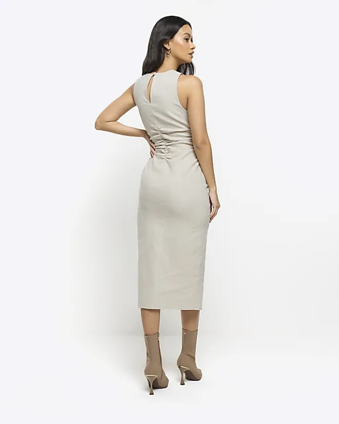 River Island Beige ruched split bodycon midi dress Cream Fashion