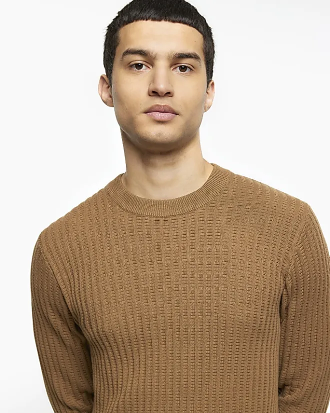 River Island Beige slim fit waffle texture jumper Stone Clearance
