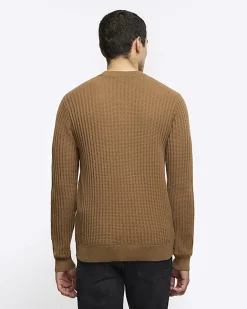 River Island Beige slim fit waffle texture jumper Stone Clearance
