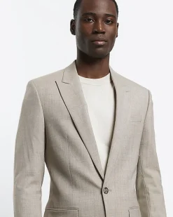 River Island Beige slim fit wool blend suit jacket Stone Outlet