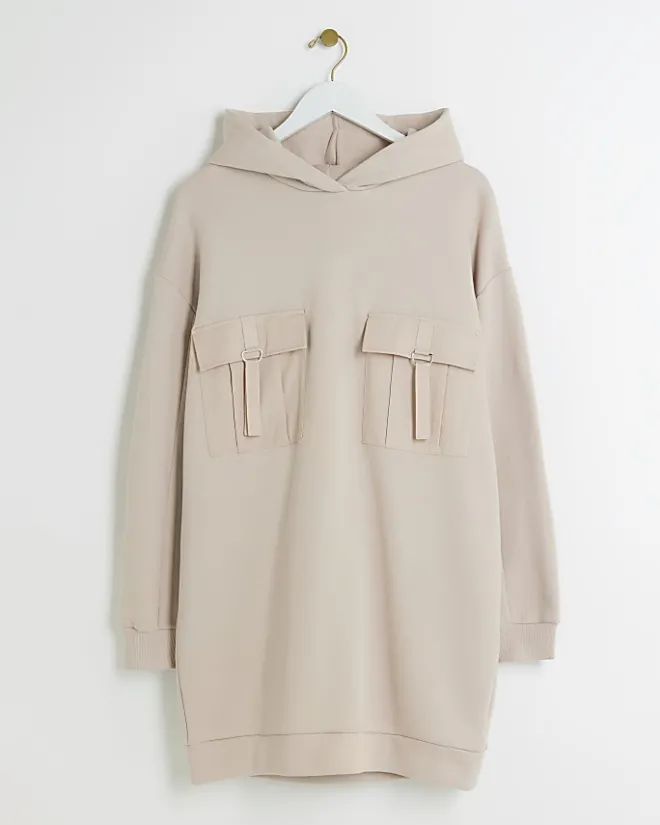 River Island Beige utility hooded sweatshirt mini dress Cream Hot