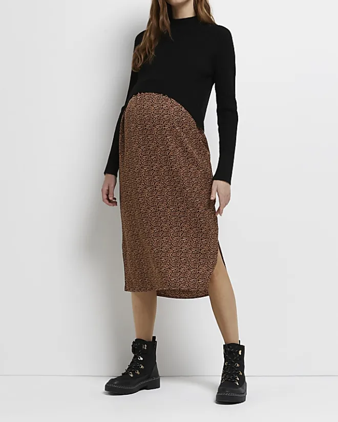River Island 2 in 1 leopard maternity midi dress Black New