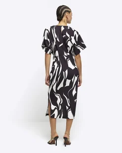 River Island abstract wrap bodycon midi dress Black Best
