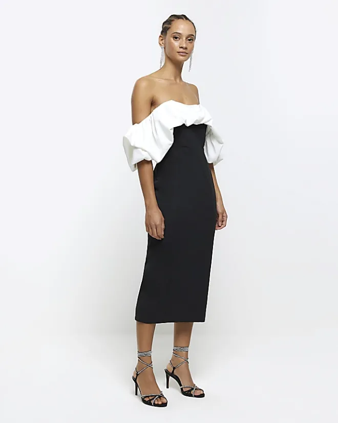 River Island bardot bodycon midi dress Black Discount