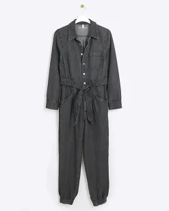 River Island belted denim jumpsuit Black Discount