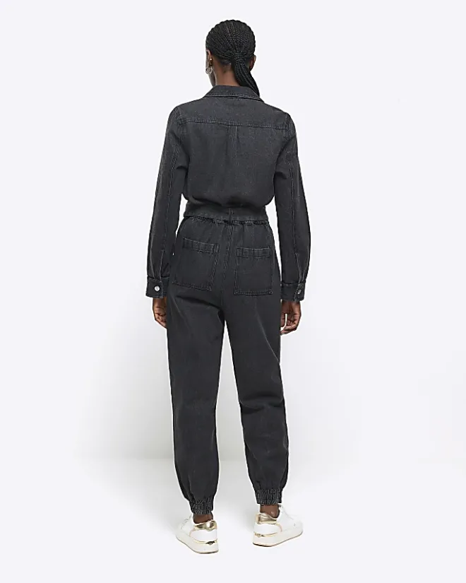 River Island belted denim jumpsuit Black Discount