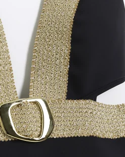 River Island buckle plunge swimsuit Black Sale