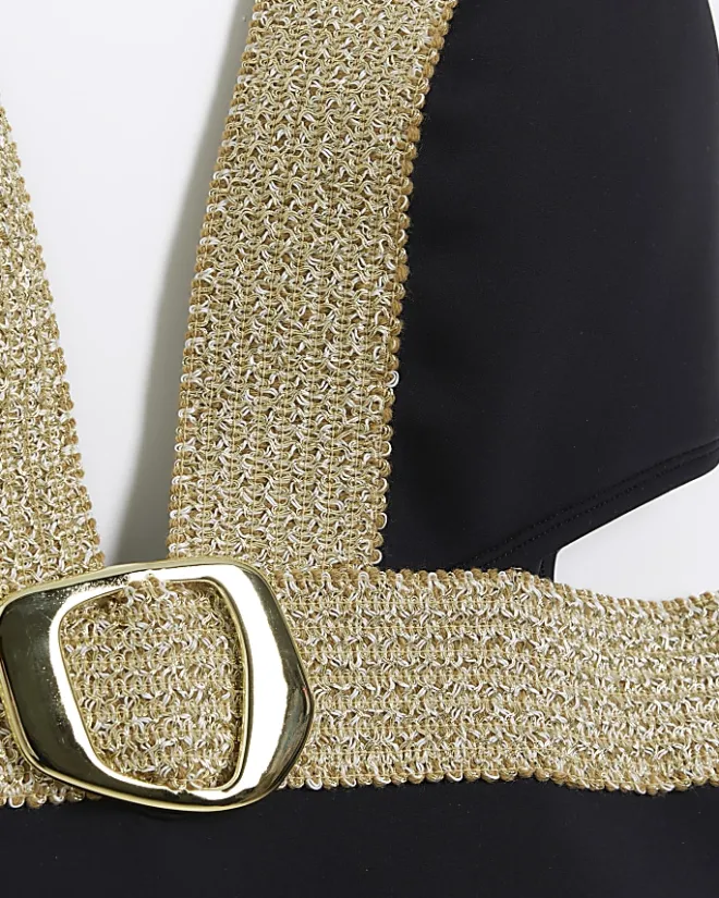 River Island buckle plunge swimsuit Black Sale