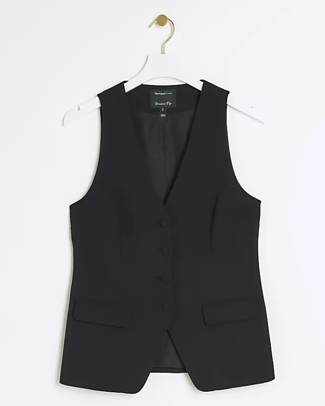 River Island button up long waistcoat Black Fashion