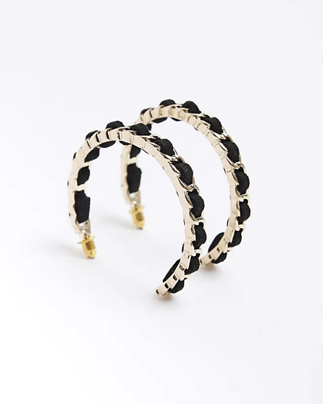 River Island Chain Thread Hoop Earrings Black Clearance
