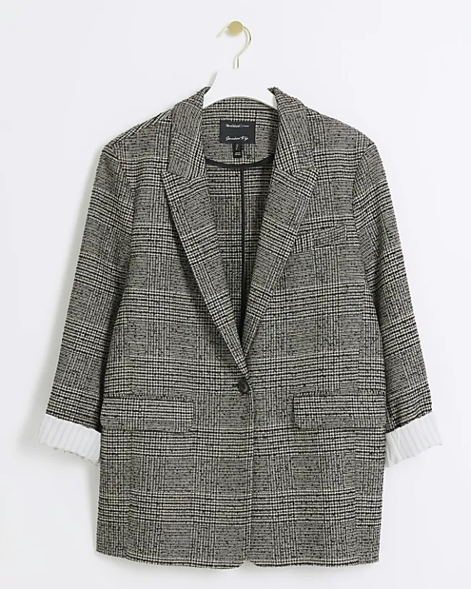 River Island check rolled sleeve blazer Black Sale