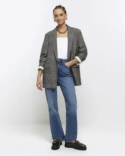 River Island check rolled sleeve blazer Black Sale