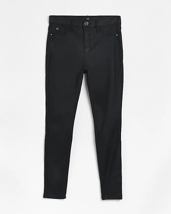 River Island coated denim high waisted skinny jeans Black Outlet