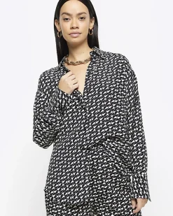 River Island crepe geometric oversized shirt Black New