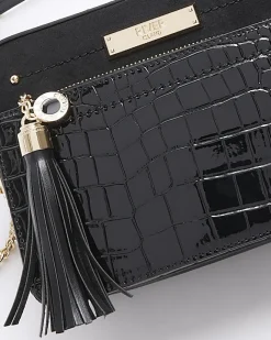 River Island croc embossed chain cross body bag Black New